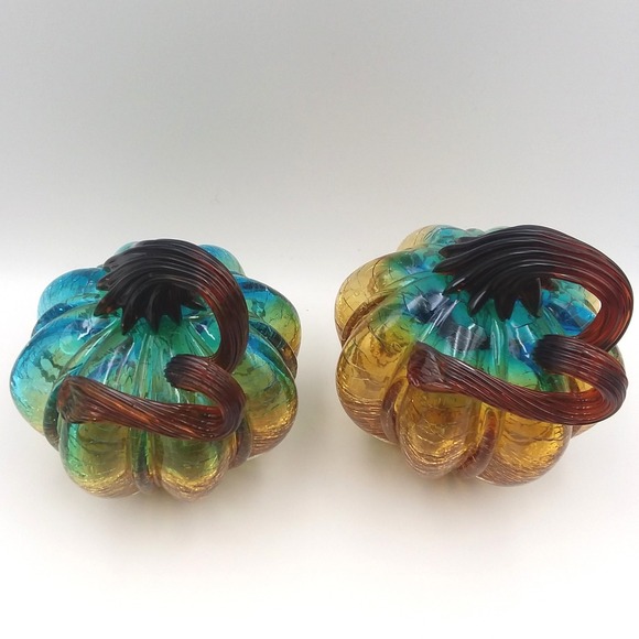 2 Hand Blown Artisanal Cracle Glass Pumpkin Gourd Blue‎ Amber Desk Art - Picture 3 of 12